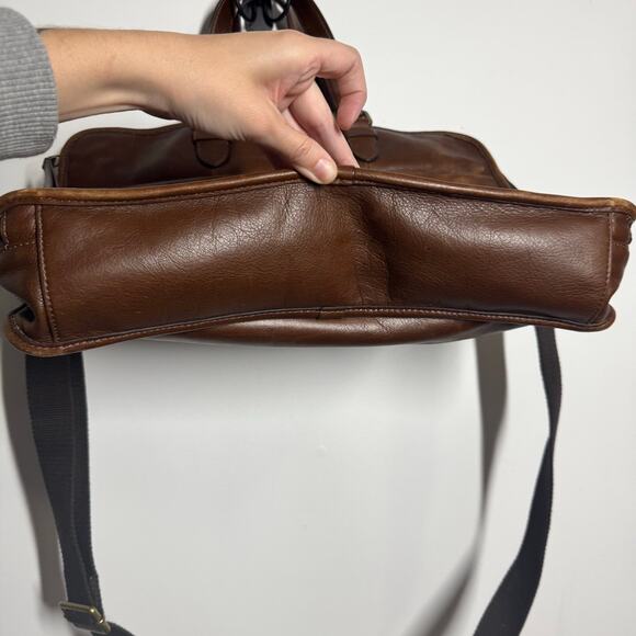 Fossil Briefcase Genuine Smooth Cognac Brown Leather Pocket Zip Office Career - Picture 11 of 11